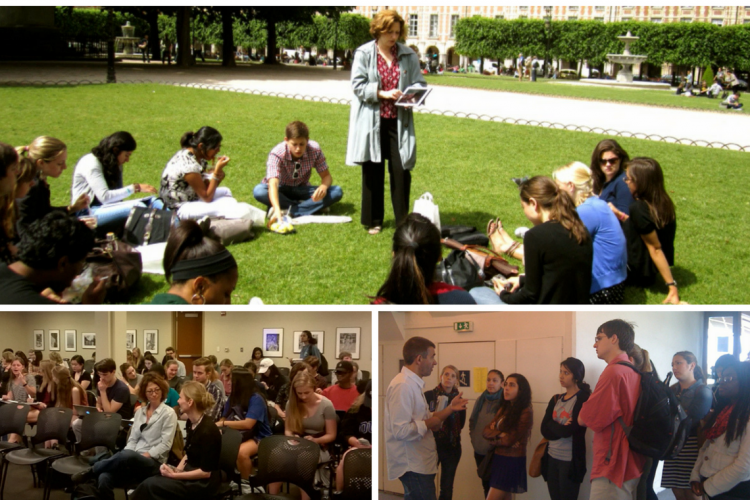 Sights from Romance Studies programs: Top: A class in Paris; Bottom: A class in Perkins and author Philippe Lançon talks with students.
