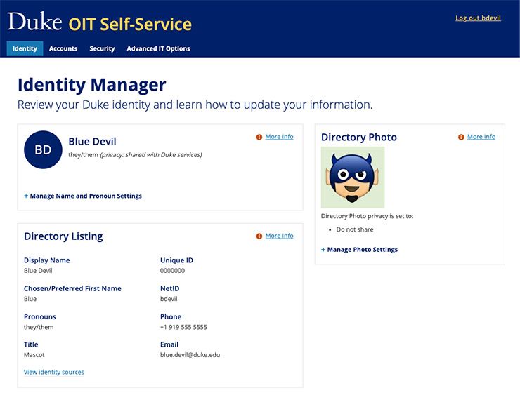 Duke OIT's new self-service website allows users to review and update their pronouns, directory photo and more. Image courtesy of Duke OIT.