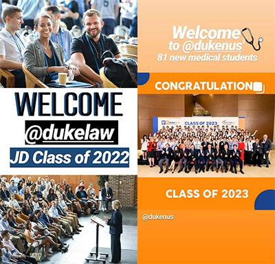 The welcomes also included social media messages.  Here are covers of Instagram welcomes to law and Duke-NUS students.