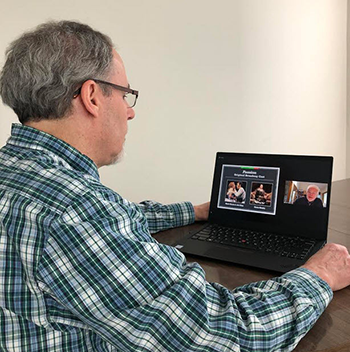 OLLI member Howard Koslow watches the class on Stephen Sondheim. (Credit: Howard Koslow)