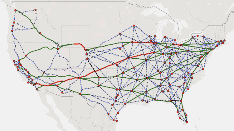Researchers say a microwave network connecting the 120 largest U.S. cities could make it possible to share and interact with people over vast distances online in near real-time. Courtesy: Bruce Maggs.