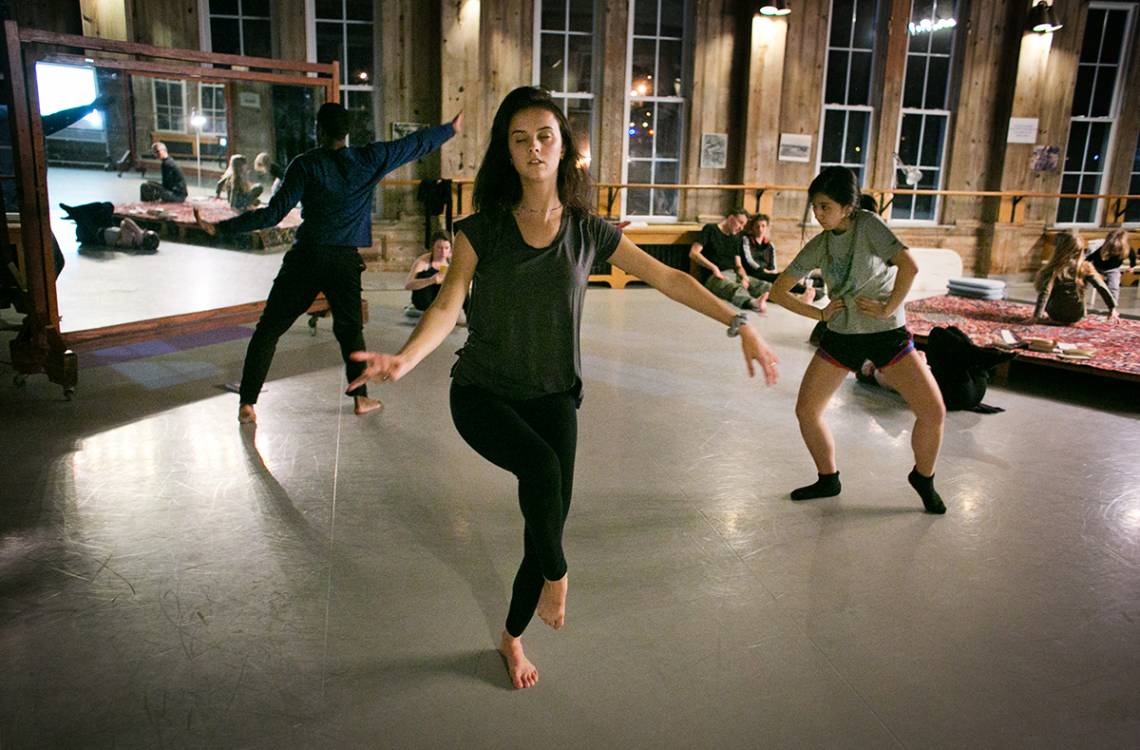 Cordelia Hogan, center, first-year dance major, along with graduate students and community members express themselves during Excavation Sites: DIDA + Duke Dance