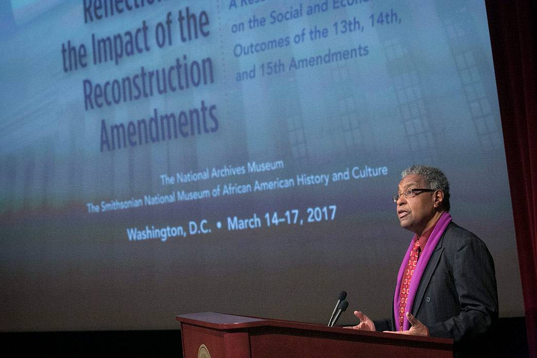 William Darity discusses the lasting legacy of the Reconstruction Amendments during a Cook Center conference last week. Photo by Chris Hildreth/Duke Photography