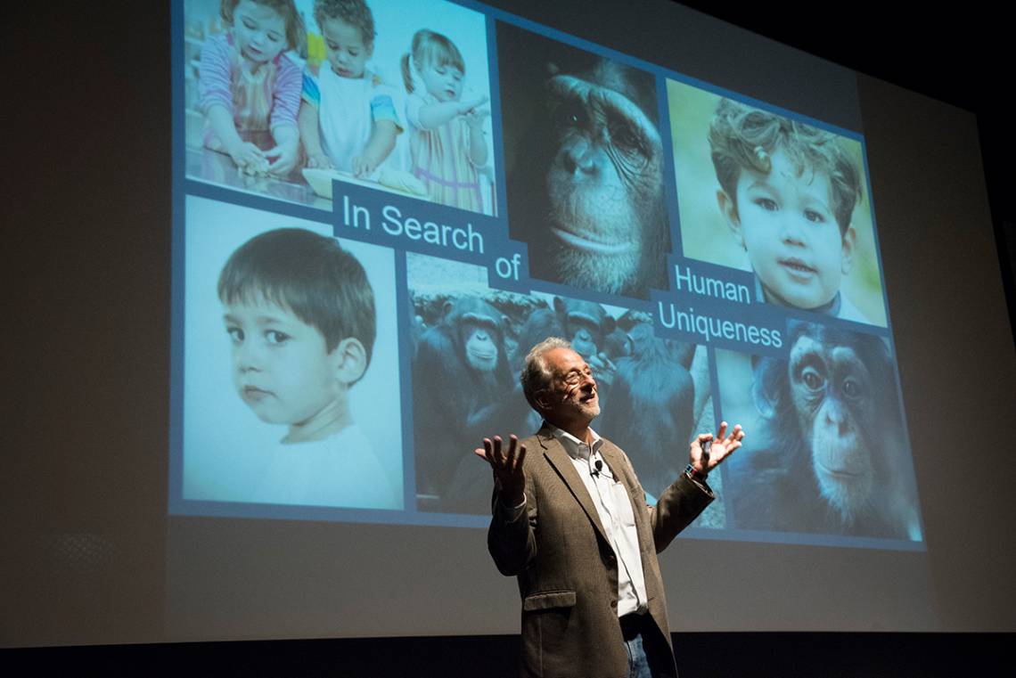 Mike Tomasello discusses cooperation in humans and other primates during a talk last week. Photo by Les Todd/Duke Photography