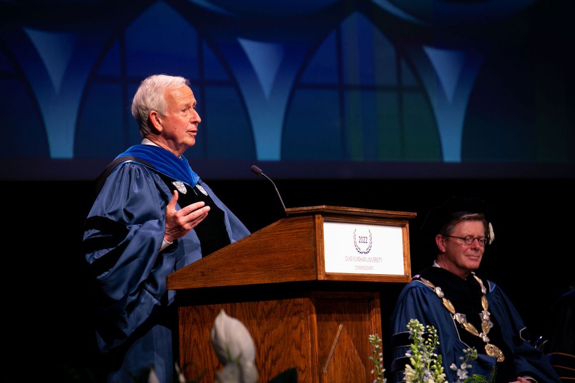 Duke President Emeritus Richard Brodhead speaks at DKU commencement.