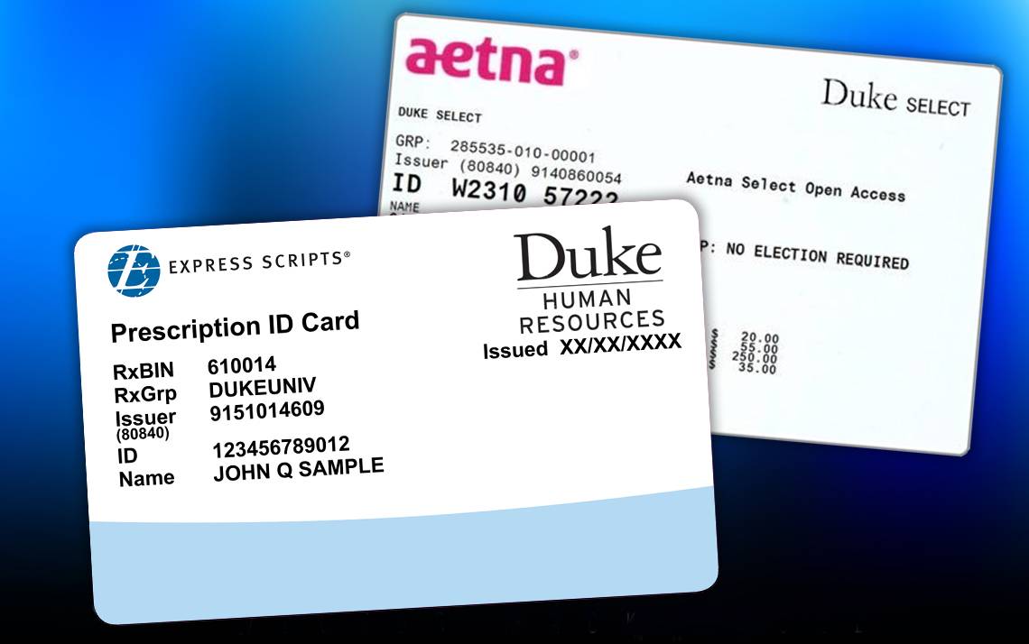 The prescription cards from Express Scripts and health insurance cards for Duke Select and Duke Basic from Aetna (formerly Coventry) will have new account numbers for 2017 and must be used beginning January 1, 2017.