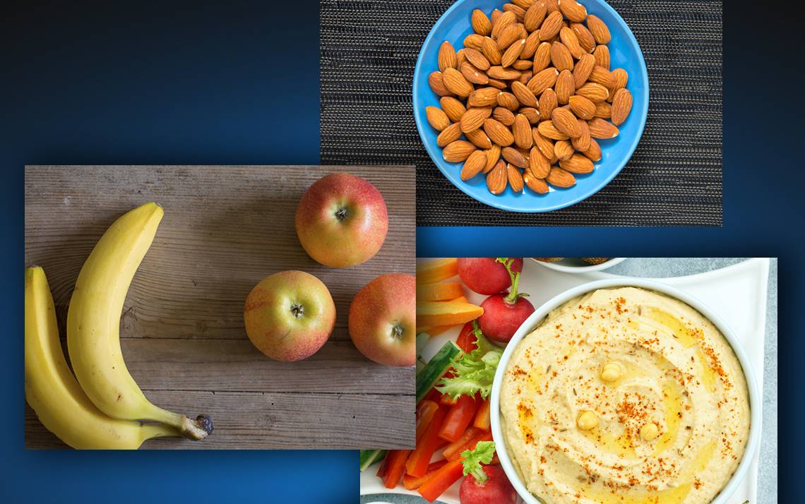Stick to snacks with proteins and fiber, plan ahead and listen to your body
