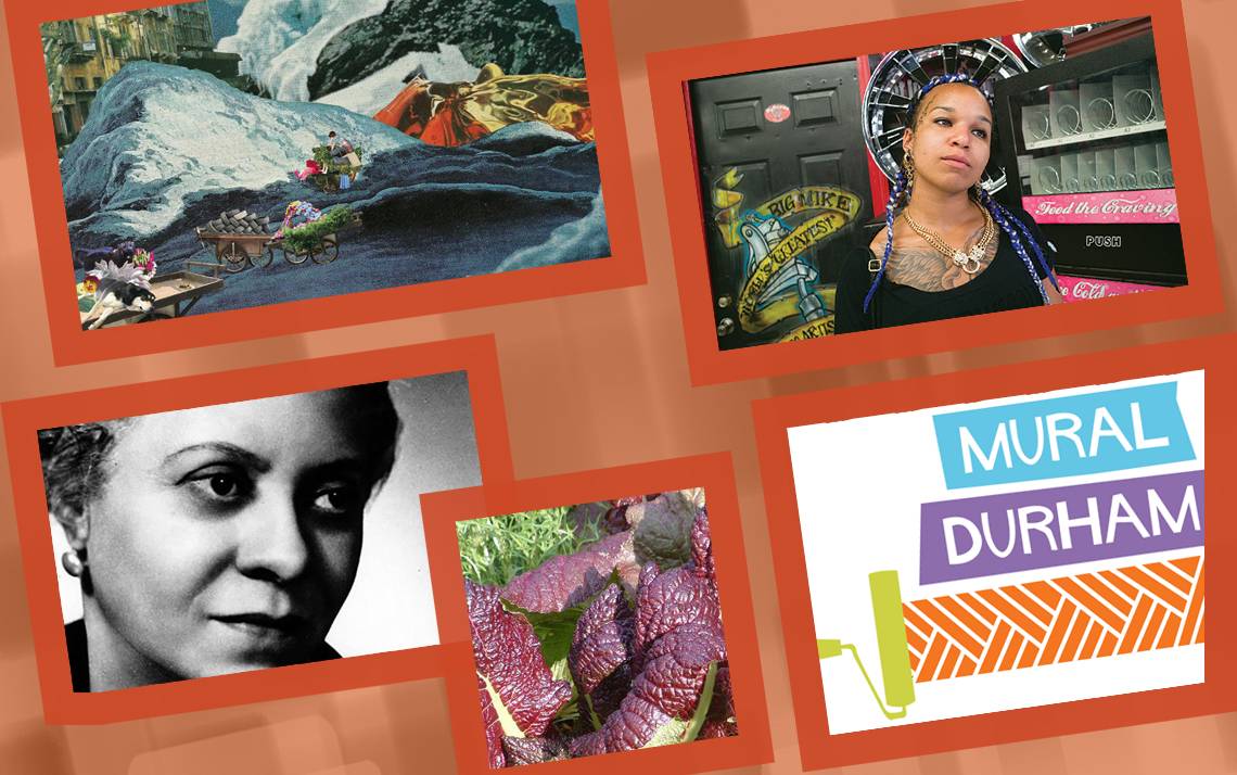A collage featuring plants, Florence Price, the Mural Durham logo, a lady in a tattoo parlor and a painting.
