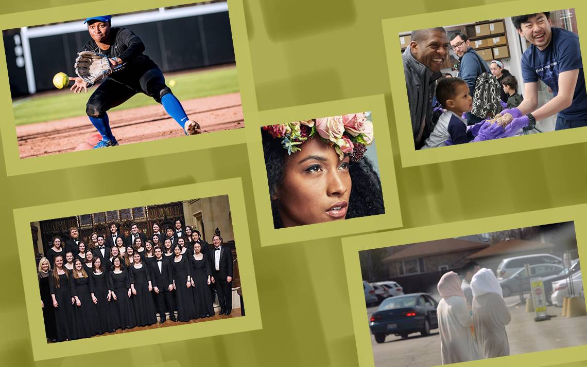 A collage featuring images of a softball player, a science event, people walking, a choral group and a woman with a flower crown.