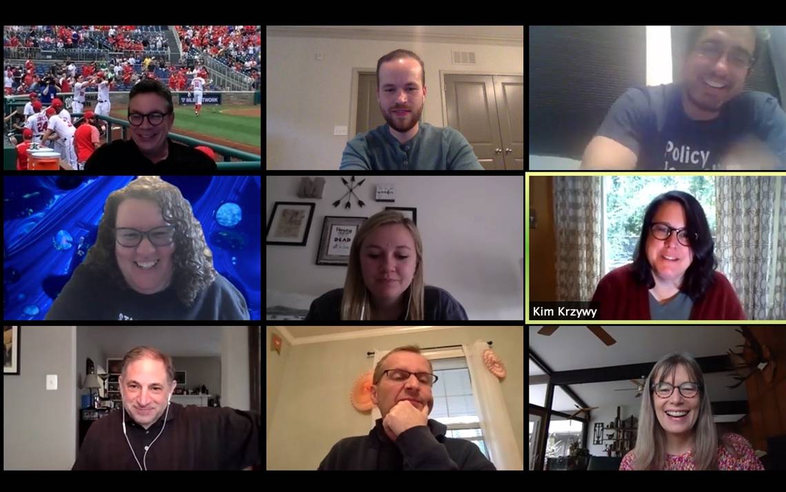 Staff and faculty with the DeWitt Wallace Center for Media & Democracy have lunch through Zoom. Photo courtesy of the DeWitt Wallace Center for Media & Democracy.