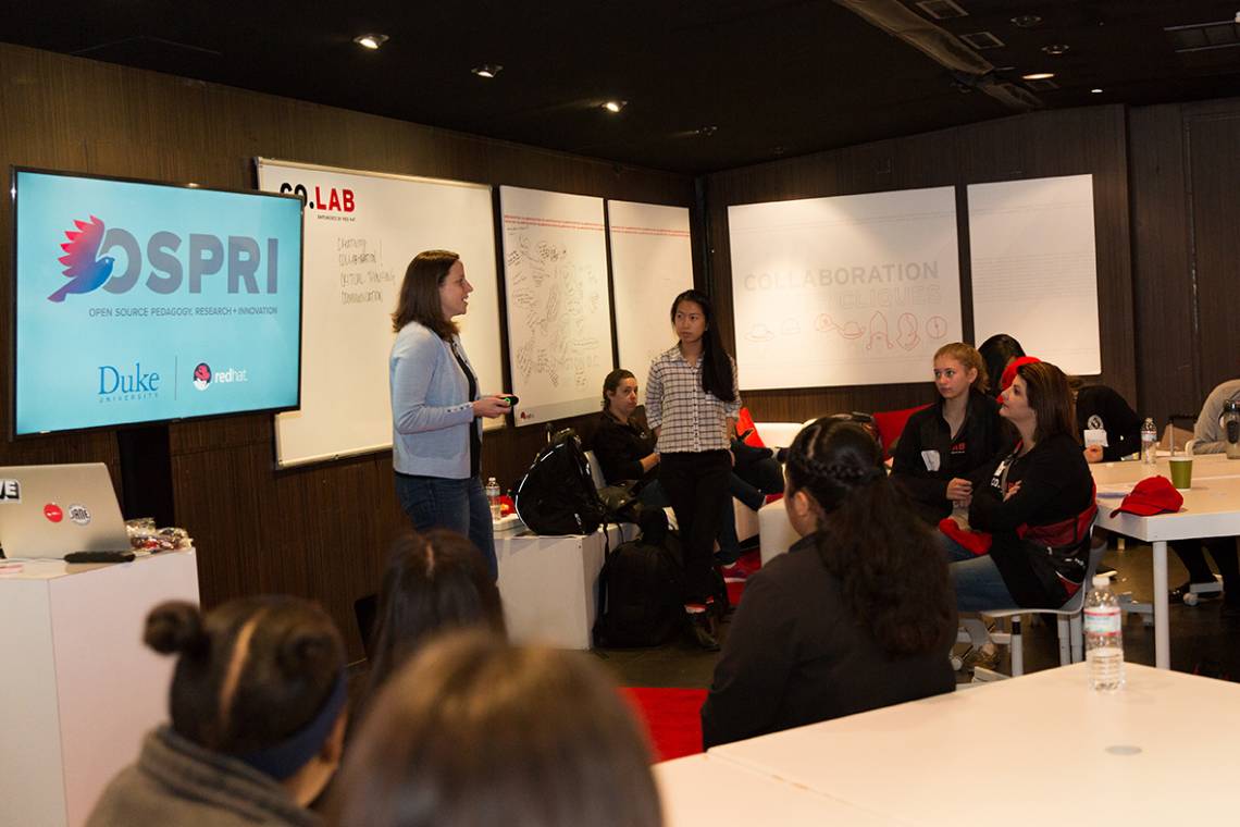 Aria Chernik and OSPRI student Sharon Peng participate in the Red Hat CO.LAB project, which seeks to close the STEM diversity gap and teach middle school girls about the power of collaboration.