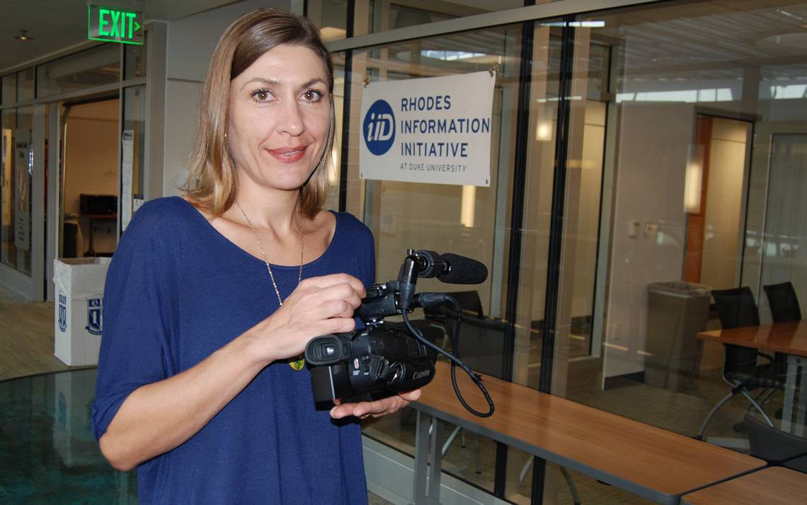 Ariel Dawn holds a video camera that Duke Police engraved with identifying information. Photo By Stephen Schramm.