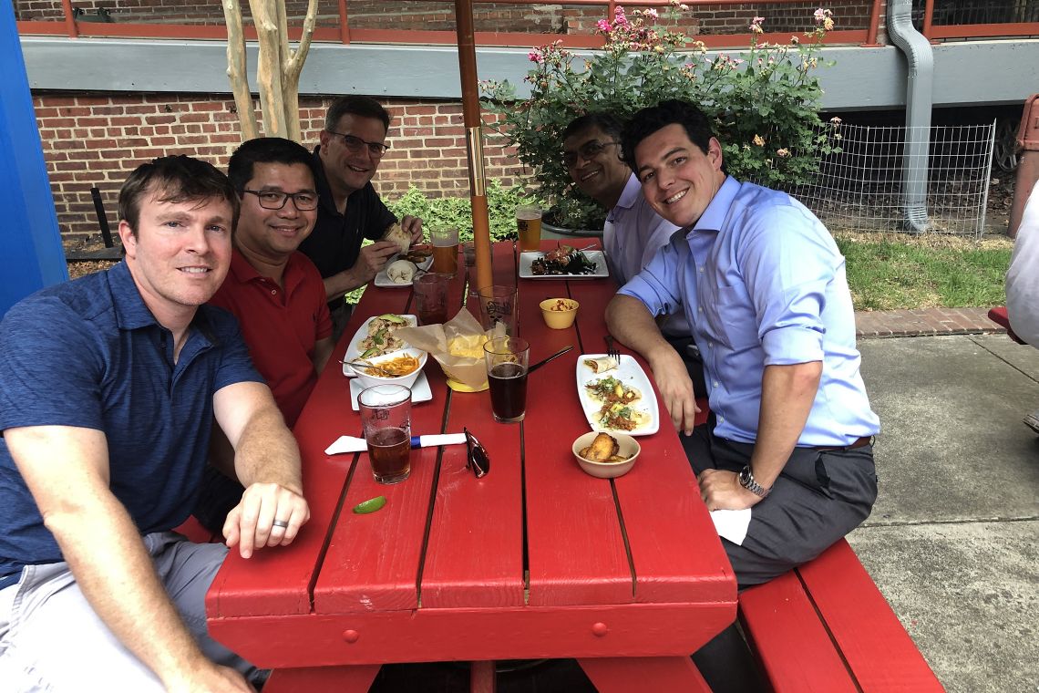The Duke Autism Dads group enjoys a meeting last month. Photo courtesy of Dr. Madhav Swaminathan.