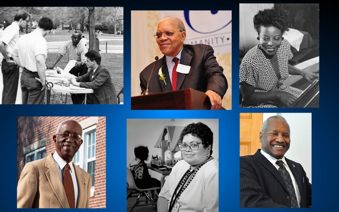 Top row from left, Oliver Harvey, Samuel DuBois Cook and Mary Lou Williams. Bottom row from left, John Hope Franklin, Brenda Armstrong and Phail Wynn.