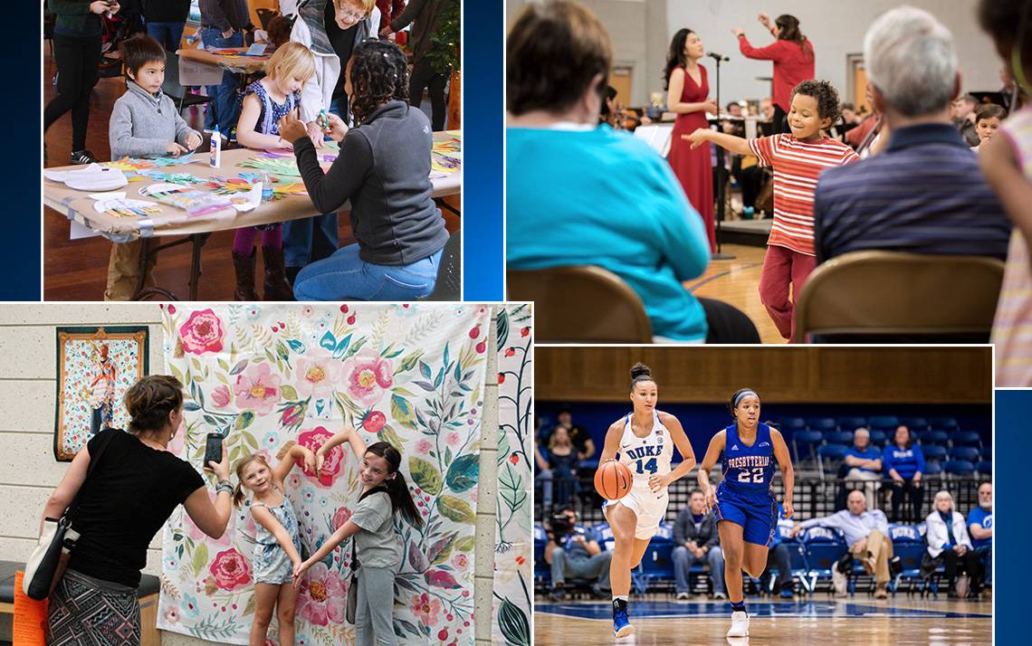 Photos of DUke women's basketball, children listening to music, children enjoying art and the Duke Garden Winter Wonderland Program.