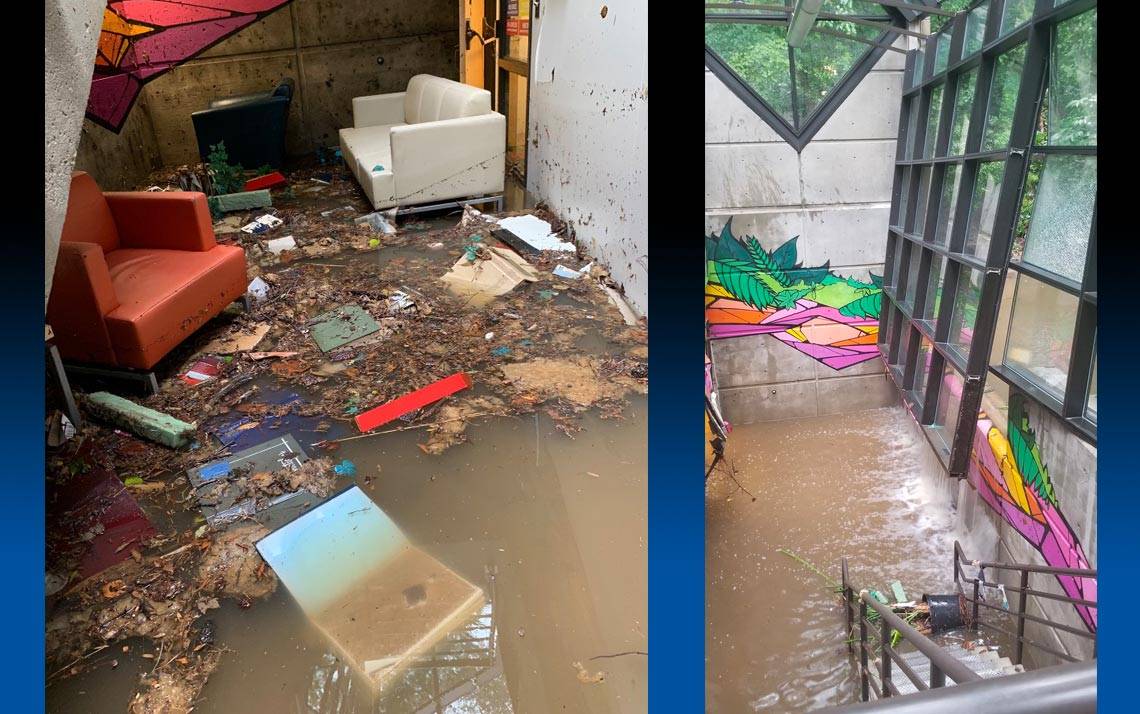 The lower level of the Bryan Center flooded due to heavy rains on Saturday morning.