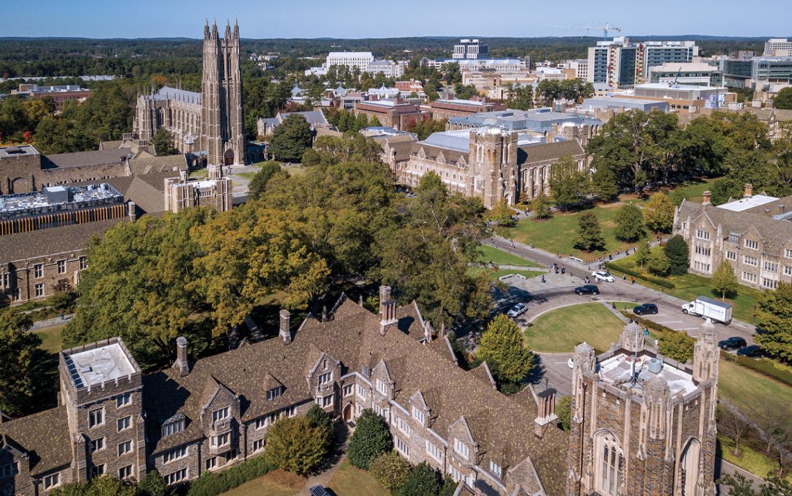 The Duke University and Duke University Hospital campuses from the air. Image courtesy of University Communications.