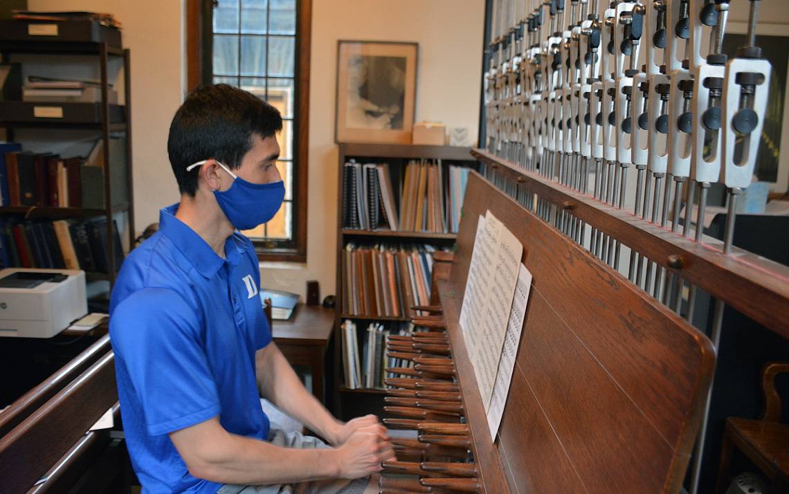 Joseph Fala performs on the Duke University Carillion in April. Photos by Jonathan Black.