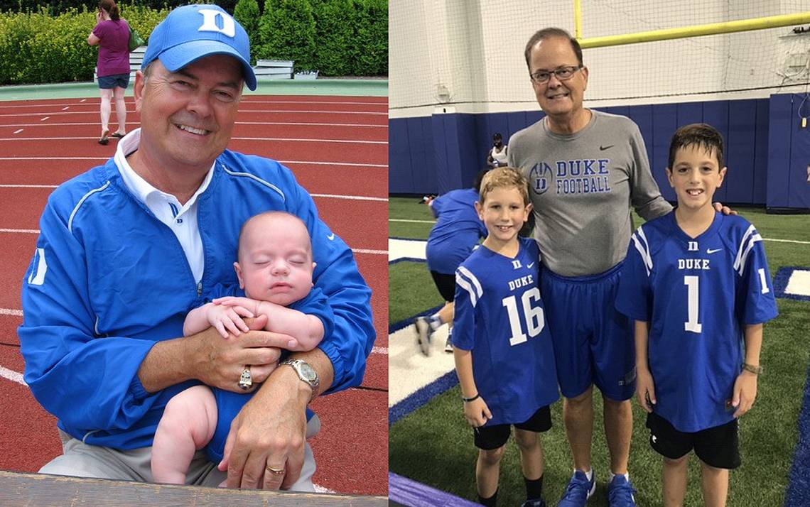 At left, Duke football coach David Cutcliffe holds a four-month old Colin Jee in 2008. At right, Kevin Jee, left, and Colin Jee, right, visit with Cutcliffe last year. Photos courtesy of Lori Jee.