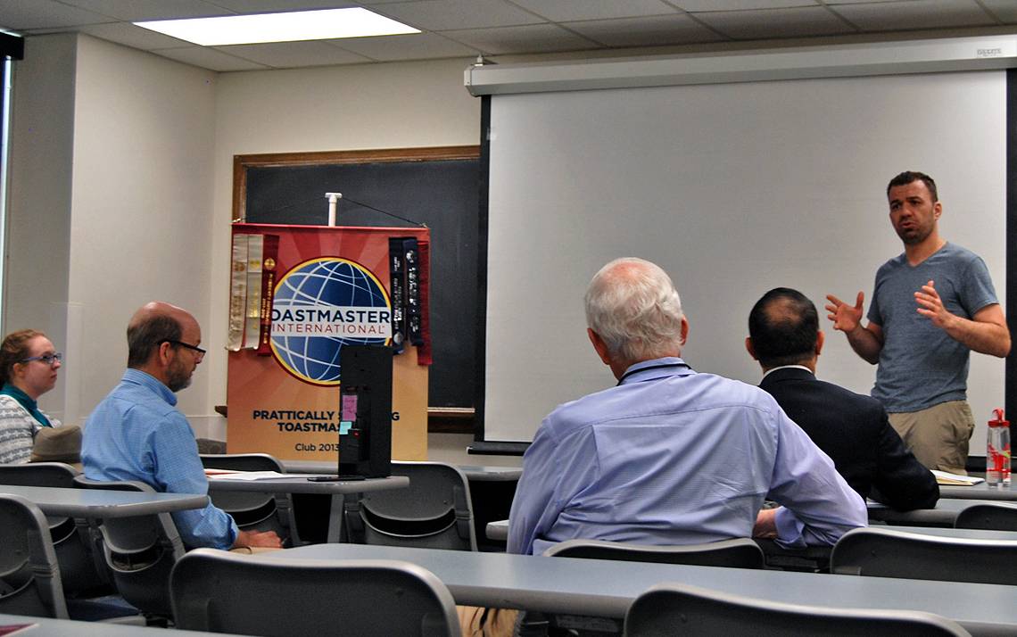 Dani Levin speaks at a meeting of the PRATTically Speaking Toastmasters Club. Photo by Stephen Schramm.