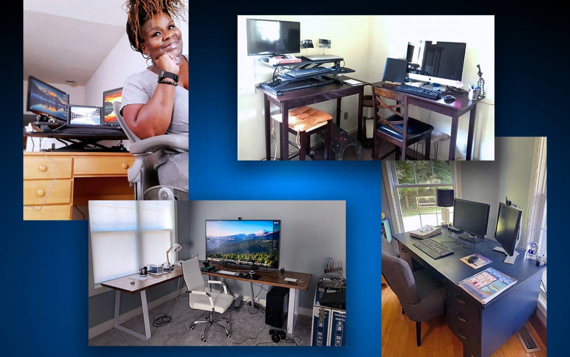 Clockwise from top left: Tapitha Jamison's salvaged desk, Regina Schwartz and her hand-me-down tables, Vera Luck's repainted desk and Donald Tait's custom work surface.