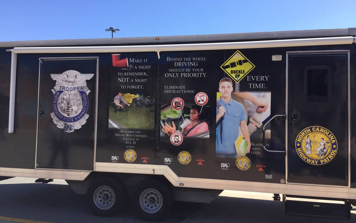 The mobile trailer houses the Distracted Driving Simulator.