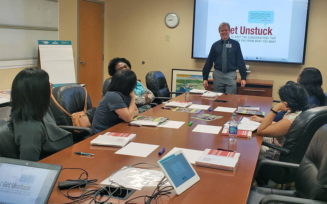 Don Shortslef, senior practitioner with Learning & Organization Development, talks with a group from Duke Raleigh Hospital. Photo courtesy of Adia Ross.