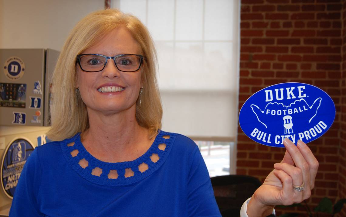 Donna Flamion, the 2019 Honorary Employee Captain for the Duke Football Employee Kickoff, wears her Duke fandom proudly. Photo by Stephen Schramm.