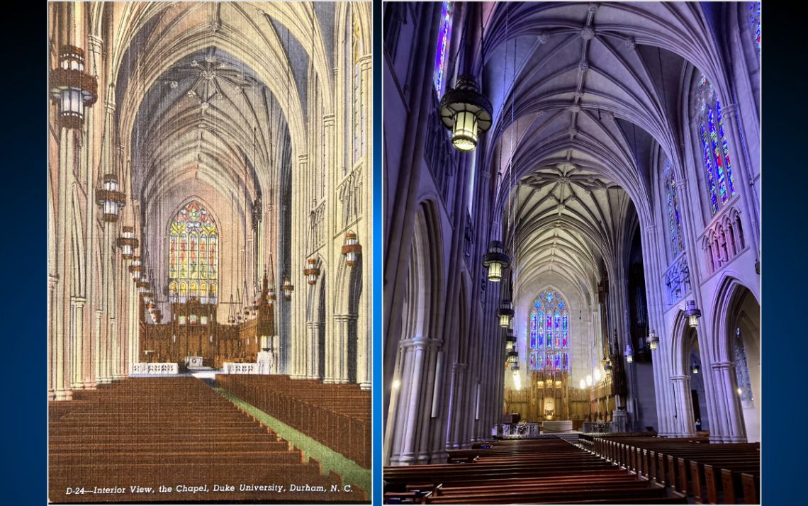Christina Ryerson found the vintage postcard seen on the left at a flea market and took the photo of Duke University Chapel on the right. Images courtesy of Christina Ryerson.