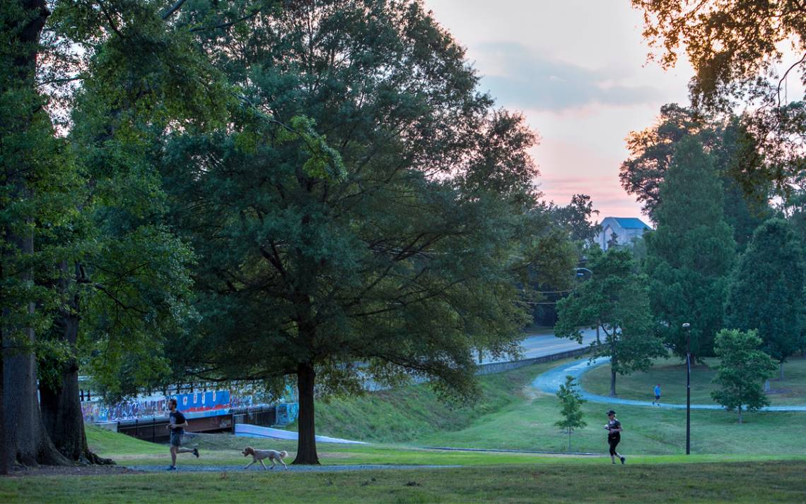 People go on a run on campus in May of 2019. Photo by Jared Lazarus, Duke University Communications.