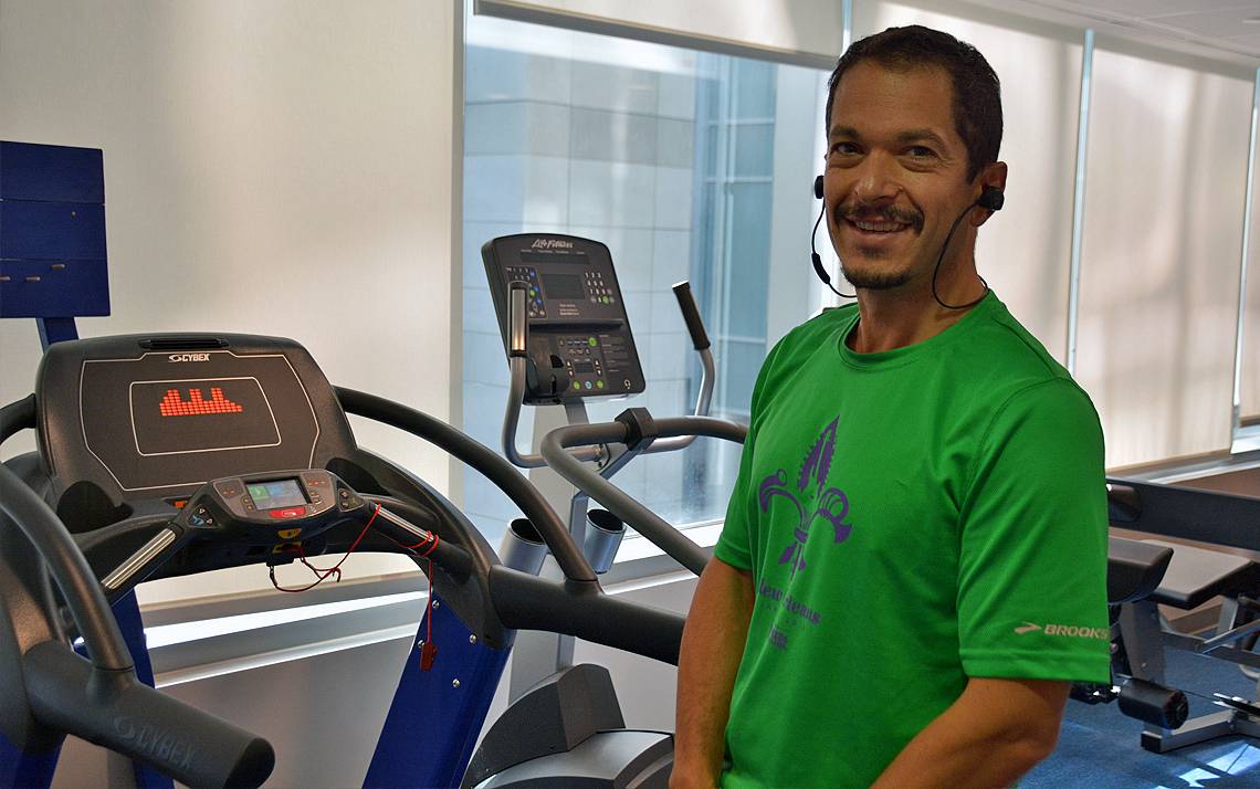 Michale Ferrandino runs on a treadmill in the Duke Medicine Pavilion faculty lounge. 