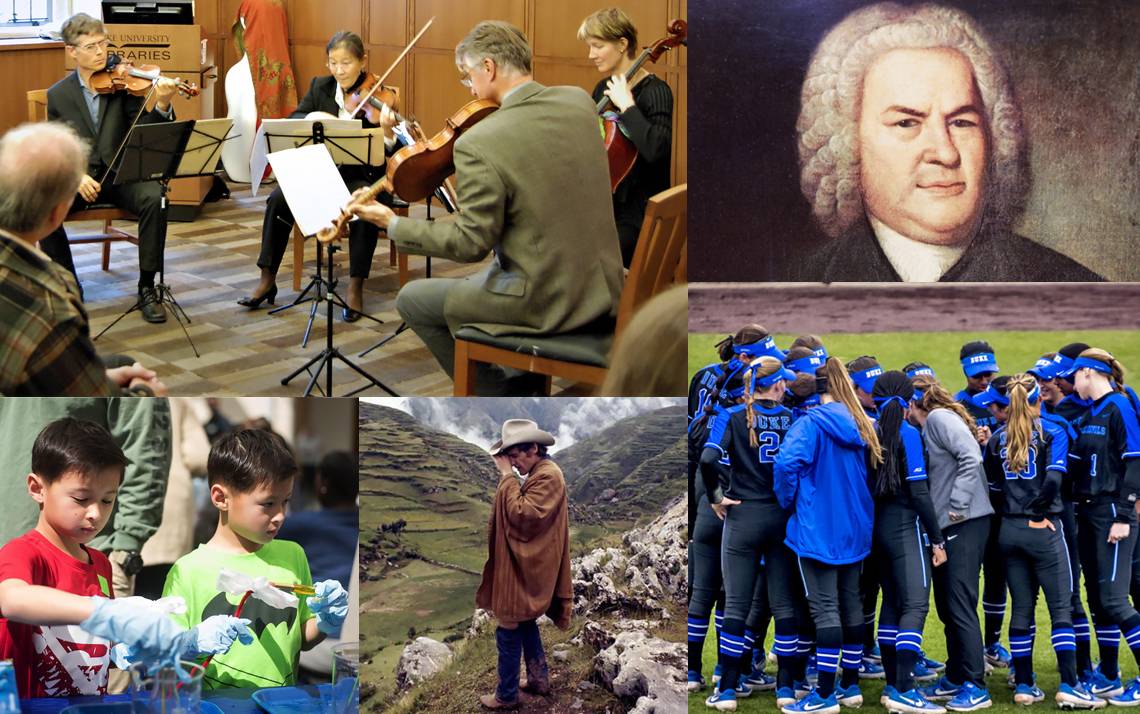 Clockwise from top left: people playing stringed instruments, Johann Sebastien Bach, a softball team, Dennis Hopper, kids playing.