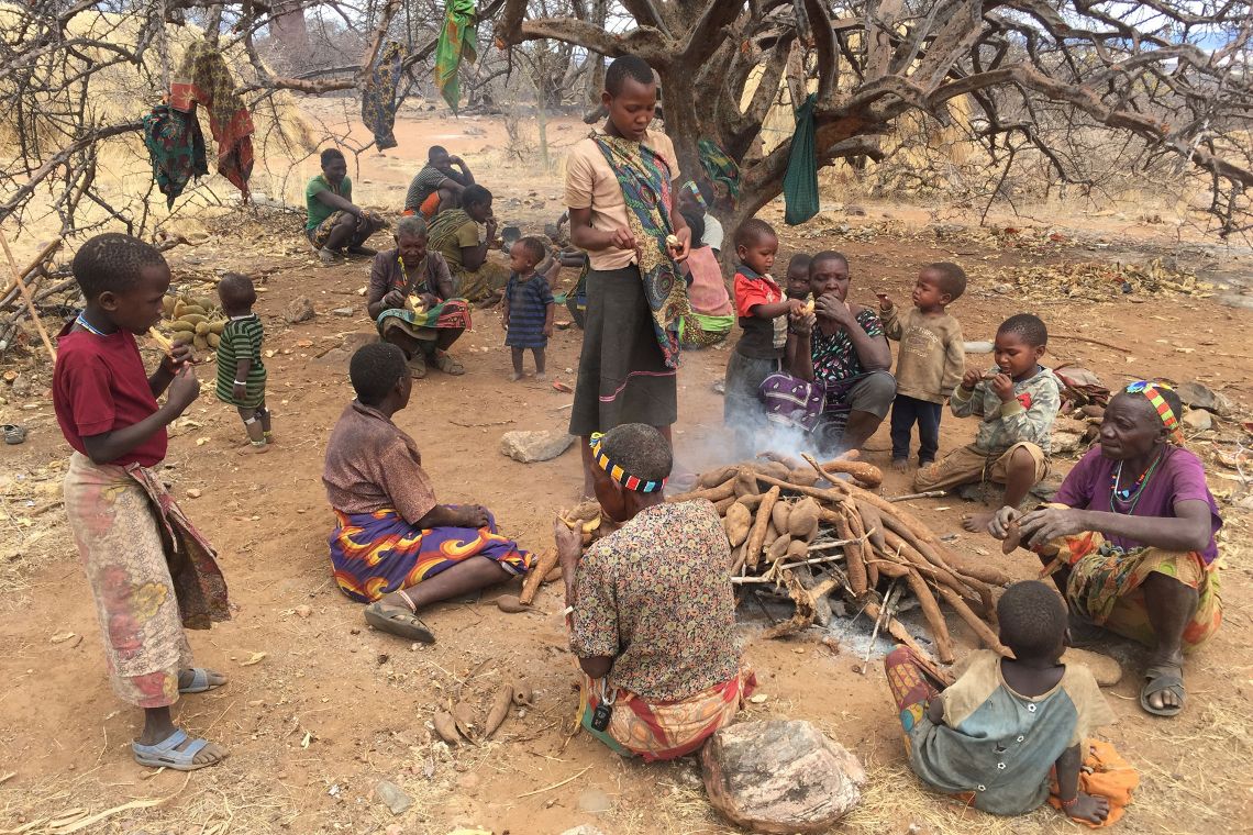A group of Hadza women share a meal of roasted tubers. Food sharing allows them to spend more energy to find food, knowing they won’t starve if they return to camp empty-handed. (Photo – Herman Pontzer)