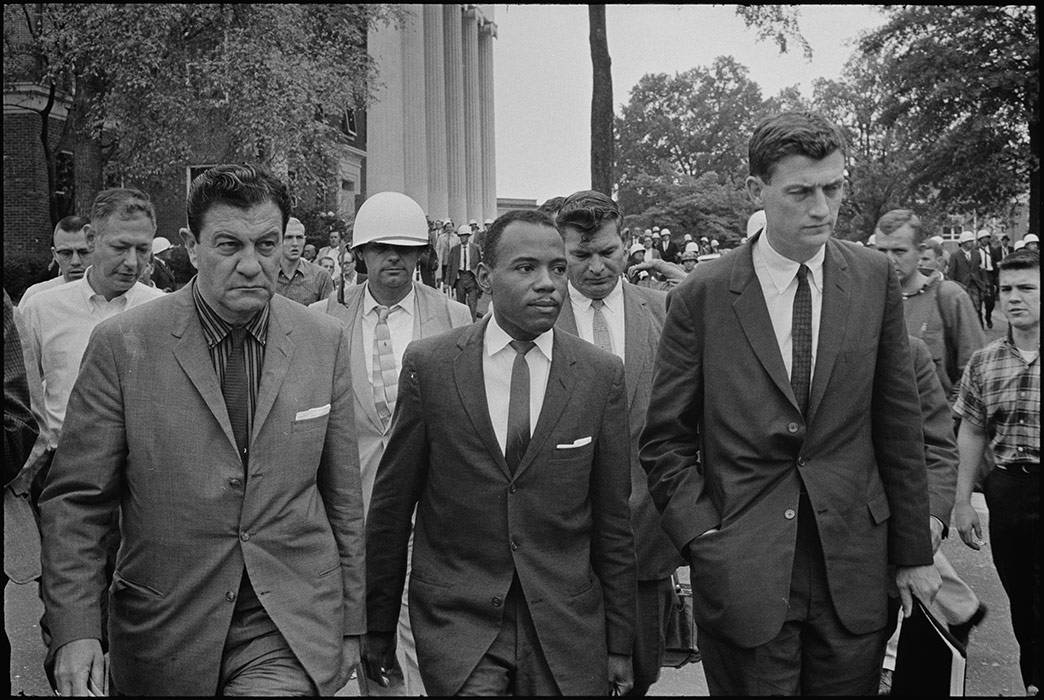 James Meredith walks to class at the University of Mississippi in 1962, accompanied by U.S. Marshal James McShane (left) and John Doar of the Justice Department. Photo by Marion S. Trikosko, U.S. News & World Report, via Wikimedia Commons.