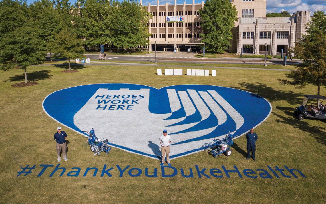 Duke University Facilities Landscape Services Athletics team created an appreciation message in April on the Duke Medicine Circle Lawn. Photo by Bill Snead, University Communications.