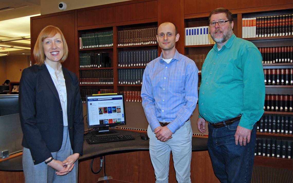 Duke University Libraries staff members, from left to right, Emily Daly, Cory Lown and Thomas Crichlow, played key roles in the development of Duke's new online library catalog. Photo by Stephen Schramm.