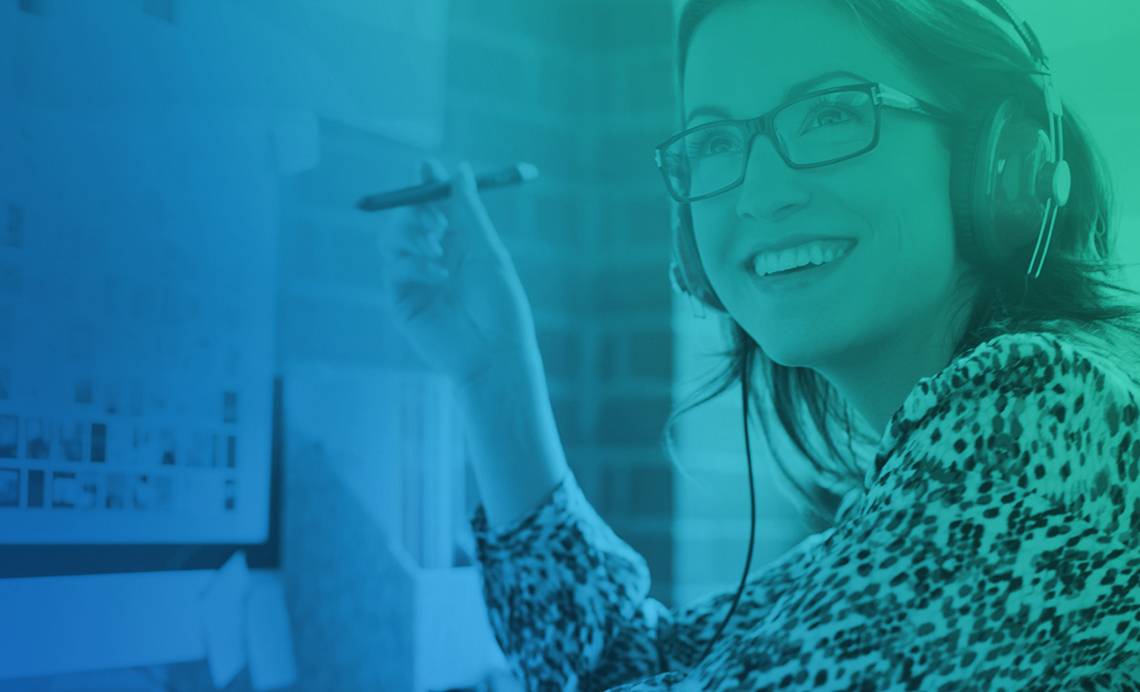 Stylized image of a woman at a computer.