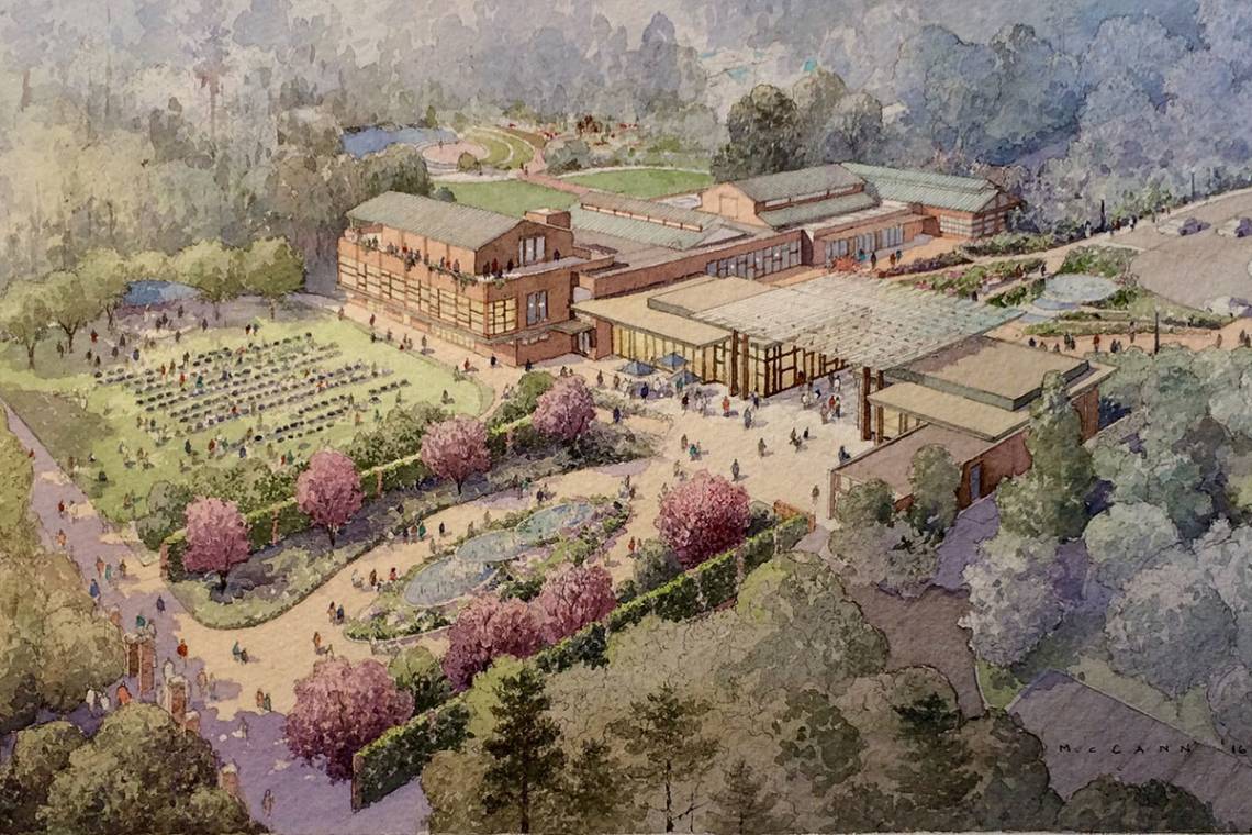 An artist's representation of a new performance lawn and expanded indoor event hall.