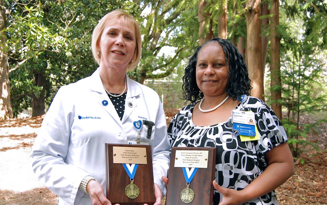 Duke Radiology's Marie Stone, left, and Duke Regional Hospital's René Livingston Flowers were honored as Return-to-Work MVPs.