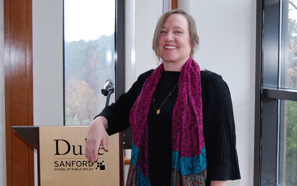 Mary Lindsley, Communications and Events Manager, Sanford School of Public Policy, plays a vital role in helping bring notable speakers to the school. Photo by Stephen Schramm.