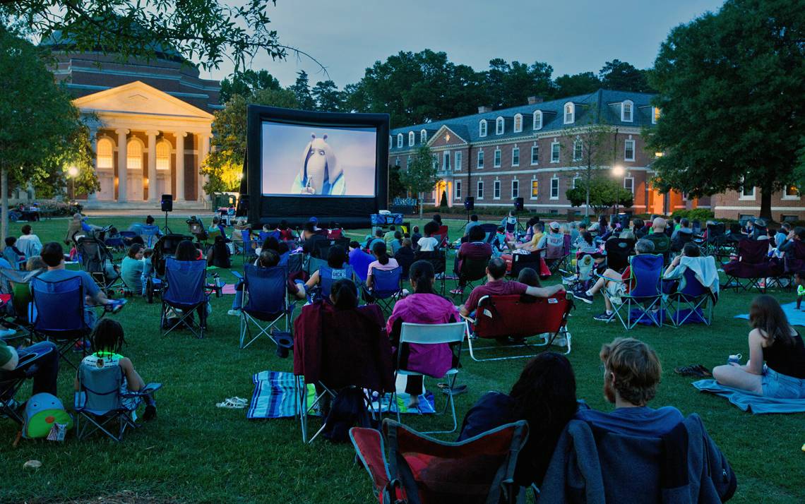 Duke employees gather for a screening of Sing in front of Baldwin Auditorium on Friday. Photos by Jared Lazarus, Duke University Photography.