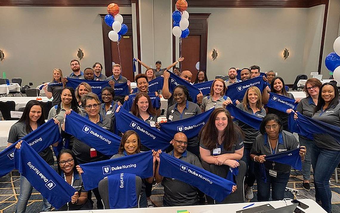 Recruiters from Duke celebrate the completion of the March Madness virtual recruiting event. Photo courtesy of Gina Goodson-Allen.