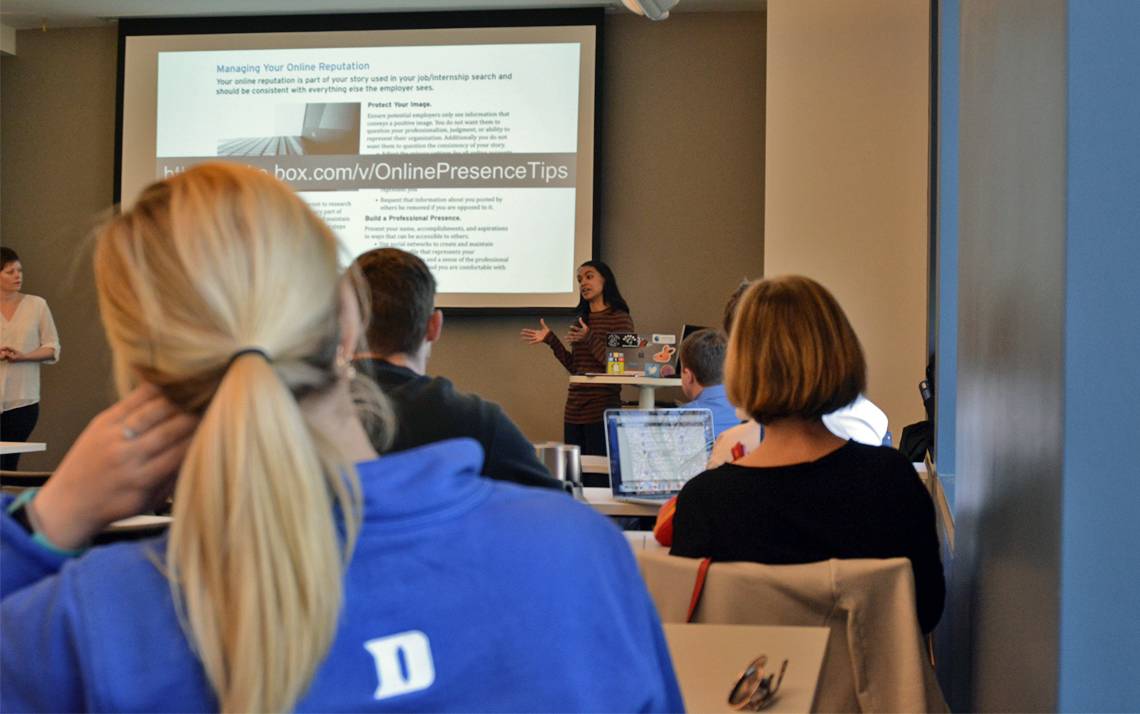 About two dozen Duke community members gather for OIT's Learn IT @ Lunch seminar, “Managing Your Online Presence.