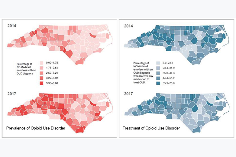 North Carolina county map showing percentages of Medicaid recipients with a diagnosis of opioid addiction and those receiving treatment. (Duke-Margolis Center for Health Policy)