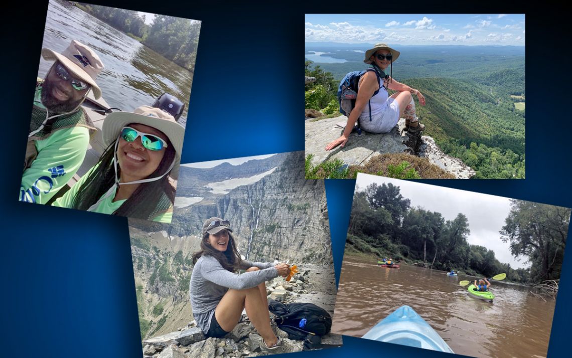 Collage of hiking, fishing and kayaking.