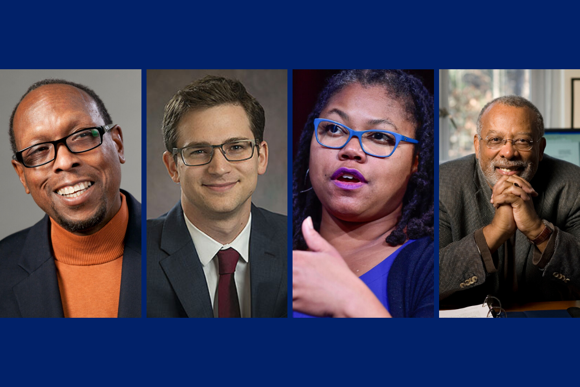 Panelists discussing racial injustice: Mark Anthony Neal, Ben Grunwald, Adriane Lentz-Smith and James Coleman.
