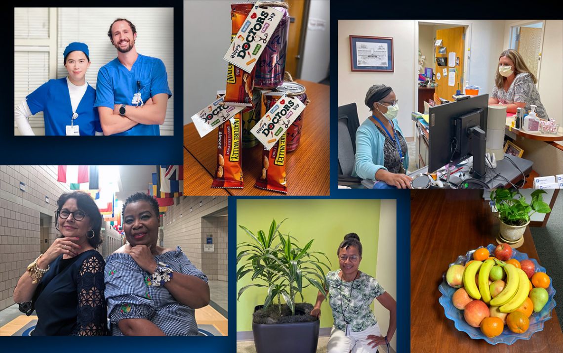 Photos of people, a gift back and a fruit bowl.