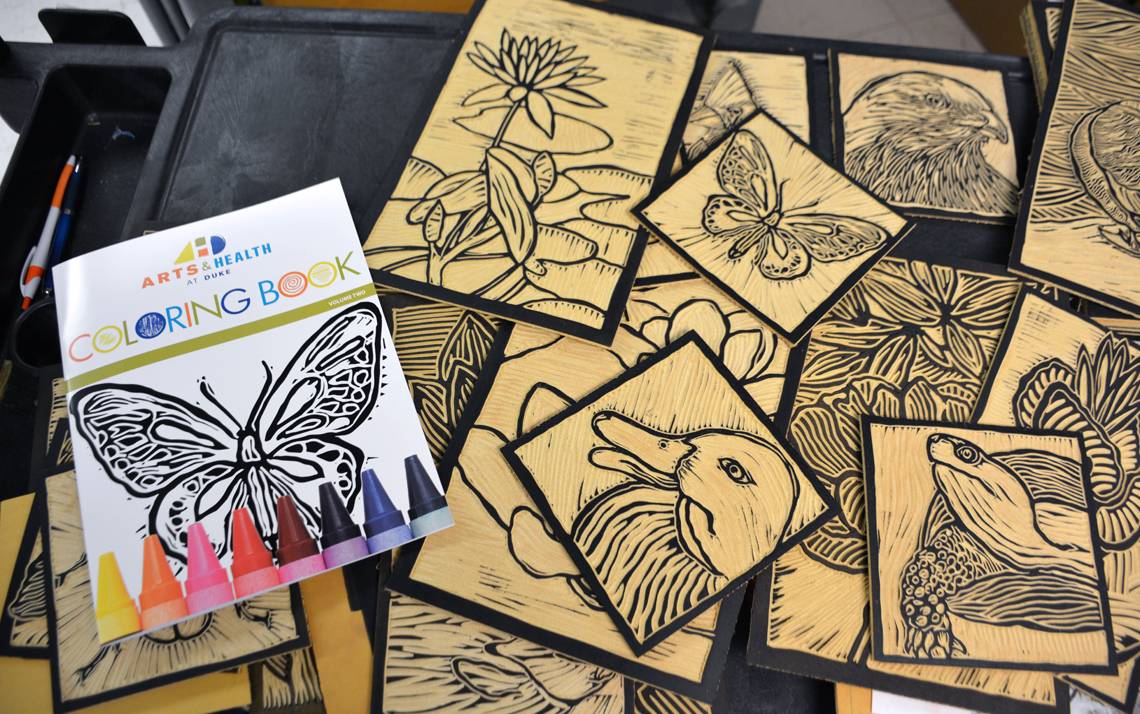 The latest Arts & Health at Duke coloring book contains drawings of birds, turtles and flowers that can be found throughout Duke grounds.