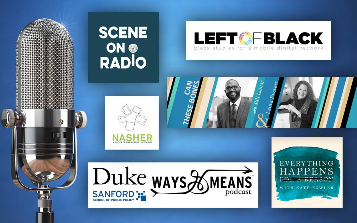 Podcast logos against a blue backdrop.