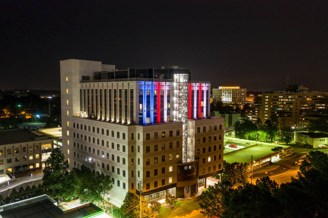 The Hock Building, previously lit up in red, white and blue. A similar look will appear during the evening of Sept. 11.